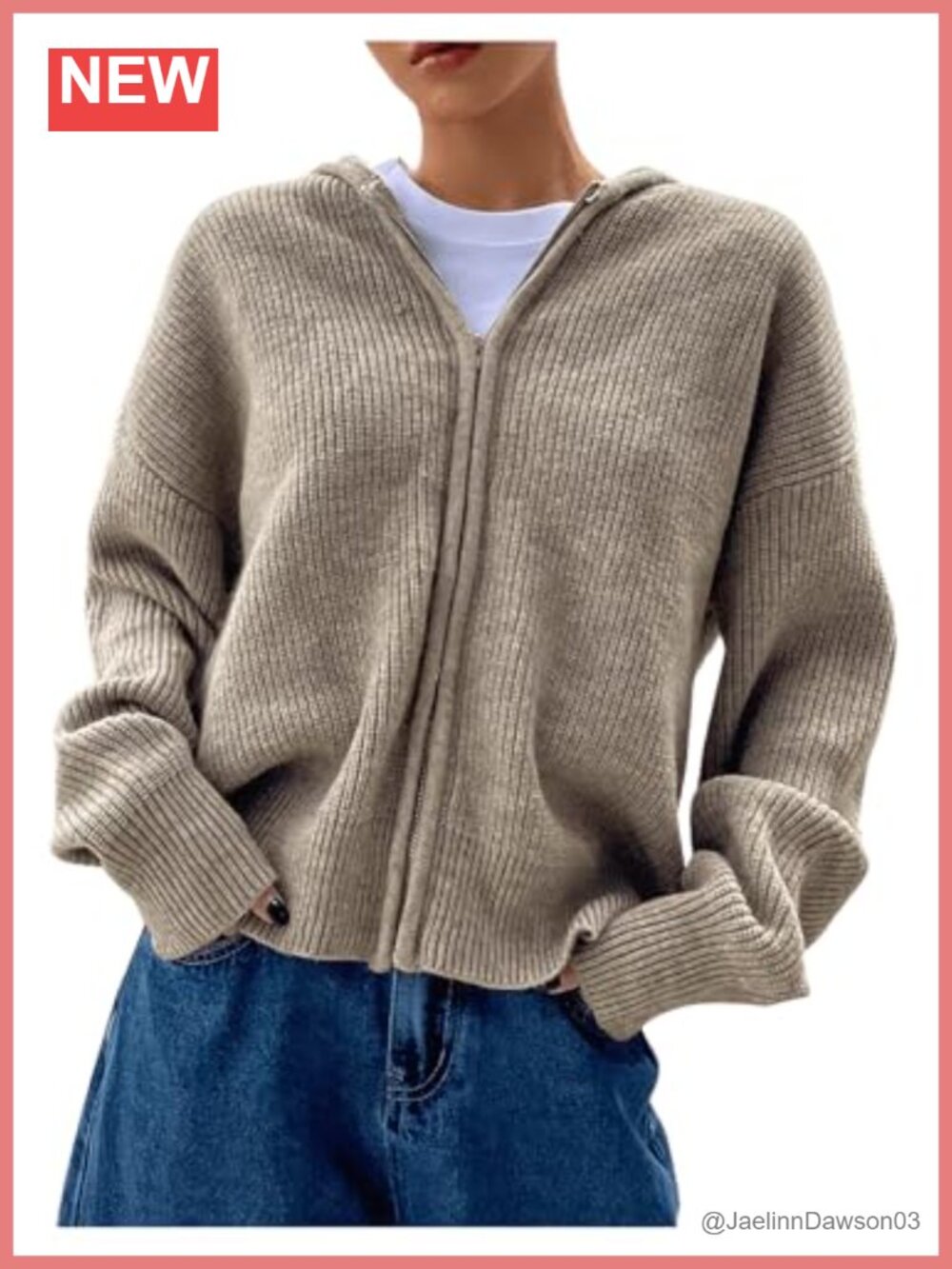 Zip Up Hooded Knit Sweater Cardigan Long Sleeve Drop Shoulder